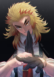 Rule 34 | 1boy, adjusting clothes, adjusting gloves, black background, black gloves, blonde hair, collared shirt, forked eyebrows, glove in mouth, gloves, grin, highres, kimetsu no yaiba, long hair, looking at viewer, male focus, mouth hold, multicolored hair, necktie, red hair, red necktie, remsor076, rengoku kyoujurou, shirt, sleeves rolled up, smile, solo, two-tone hair, upper body, watch, white shirt, wing collar, wristwatch, yellow eyes