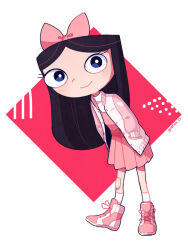Rule 34 | 1girl, alternate costume, black hair, bow, child, hair bow, hand in pocket, isabella garcia-shapiro, kingyo (g-fish), long hair, looking at viewer, phineas and ferb, pink skirt, skirt, smile