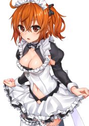 Rule 34 | 1girl, :o, ahoge, alternate costume, black bow, black ribbon, blush, bow, breasts, brown eyes, choker, cleavage, cleavage cutout, clothing cutout, collarbone, command spell, commentary request, cowboy shot, crossed bangs, dress, enmaided, fate/grand order, fate (series), frilled choker, frilled dress, frilled thighhighs, frills, fujimaru ritsuka (female), hair between eyes, hair bow, hair ribbon, highres, juliet sleeves, long sleeves, looking at viewer, maid, maid headdress, medium breasts, medium hair, navel, navel cutout, neck ribbon, one side up, open mouth, orange hair, puffy sleeves, ribbon, shiny skin, short dress, shuutou haruka, simple background, skirt hold, solo, standing, thighhighs, white background, white choker, white dress, white thighhighs