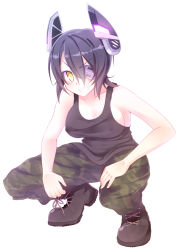 Rule 34 | 10s, 1girl, blush, boots, breasts, camouflage, camouflage pants, collarbone, covered erect nipples, eyepatch, full body, grin, headgear, highres, kantai collection, kurono nekomaru, large breasts, looking at viewer, no bra, pants, personification, purple hair, short hair, simple background, smile, solo, squatting, tank top, tenryuu (kancolle), yellow eyes