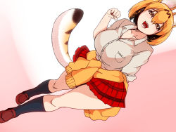 Rule 34 | 10s, 1girl, animal ears, breasts, clothes around waist, hair between eyes, isna (footprintsofisna), kemono friends, large breasts, looking at viewer, open mouth, pleated skirt, school uniform, serval (kemono friends), serval tail, skirt, smile, solo, striped tail, tail, yellow eyes