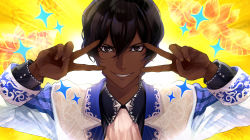 Rule 34 | 1boy, alternate costume, arjuna (fate), black hair, dark-skinned male, dark skin, double v, emotional engine - full drive, fate/grand order, fate (series), hair between eyes, hands up, highres, long sleeves, looking at viewer, male focus, musou yuchi, open mouth, parody, smile, solo, sparkle, star (symbol), v