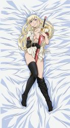 Rule 34 | 00s, 1girl, absurdres, bed sheet, between thighs, black thighhighs, blonde hair, blue eyes, blush, breasts, cleavage, dakimakura (medium), earrings, elbow gloves, fingerless gloves, full body, gloves, highres, jewelry, large breasts, long hair, lying, nakata masahiko, no bra, no panties, non-web source, octavia, octavia (tears to tiara), on back, open clothes, open shirt, sheath, shirt, single glove, solo, sword, tears to tiara, thighhighs, thighs, very long hair, weapon
