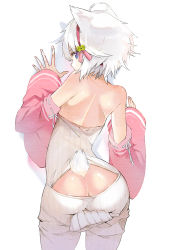 Rule 34 | 1girl, ahoge, animal ears, ass, back, bell, blue eyes, blush, cat ears, cleavage cutout, clothing cutout, detached sleeves, from behind, hairband, highres, looking back, meme attire, open-chest sweater, original, ribbed sweater, short hair, silver hair, solo, sweater, tail, tokiti, turtleneck, wardrobe error, wide sleeves, you&#039;re doing it wrong, yumeko (tokiti)