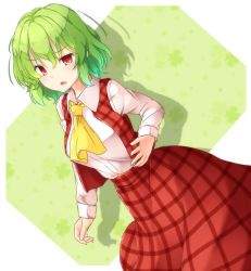 Rule 34 | 1girl, aka tawashi, ascot, blush, breasts, commentary request, dutch angle, feet out of frame, green background, green hair, hair between eyes, highres, kazami yuuka, large breasts, long sleeves, looking at viewer, open mouth, plaid, plaid skirt, plaid vest, red eyes, red skirt, red vest, shadow, shirt, short hair, skirt, solo, standing, touhou, two-tone background, vest, white background, white shirt, wing collar, yellow ascot