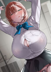 Rule 34 | 1girl, :q, absurdres, black skirt, blue bow, blue bowtie, blush, bow, bowtie, breast pocket, breasts, brown hair, closed mouth, collarbone, from below, green eyes, highres, huge breasts, long sleeves, looking at viewer, miniskirt, mitsudoue, original, panties, partially unbuttoned, pocket, shirt, shirt tucked in, short hair, skirt, smile, tongue, tongue out, underwear, white shirt