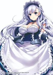 Rule 34 | 1girl, apron, apron lift, azur lane, belfast (azur lane), blue eyes, braid, breasts, cleavage, clothes lift, commentary request, french braid, highres, long hair, looking at viewer, maid, maid apron, maid headdress, parted lips, raiou, silver hair, simple background, smile, solo, white background
