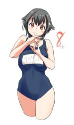 Rule 34 | 1girl, anniversary, black hair, blue one-piece swimsuit, blush, closed mouth, collarbone, cropped legs, hair between eyes, hair flaps, jingei (kancolle), kantai collection, long hair, name tag, one-piece swimsuit, red eyes, school swimsuit, simple background, smile, solo, swimsuit, tamu (mad works), white background