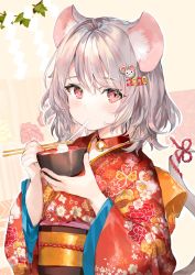 Rule 34 | 1girl, 2020, animal ears, beige background, bell, blush, bowl, chopsticks, collar, commentary request, eating, floral print, food, grey hair, hair ornament, highres, holding, holding chopsticks, japanese clothes, kimono, looking at viewer, medium hair, mochi, momoko (momopoco), mouse ears, mouse hair ornament, mouse tail, neck bell, obi, original, red eyes, red kimono, ribbon, sash, shide, solo, tail, tail ornament, tail ribbon, upper body