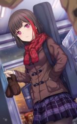 Rule 34 | 1girl, bag, bang dream!, black hair, blunt bangs, bob cut, cowboy shot, dutch angle, guitar case, hand in pocket, highres, holding, holding shoes, indoors, instrument case, jacket, locker, mitake ran, multicolored hair, narafume, parted lips, pleated skirt, purple skirt, red eyes, red hair, red scarf, scarf, school bag, school uniform, shoes, short hair, skirt, solo, streaked hair