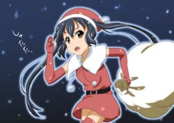 Rule 34 | 1girl, belt, black hair, brown eyes, christmas, elbow gloves, gloves, hat, jpeg artifacts, k-on!, long hair, nakano azusa, oku no shi, open mouth, pom pom (clothes), sack, santa costume, santa hat, solo, thighhighs, twintails