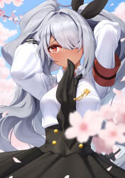 Rule 34 | 1girl, absurdres, black necktie, black skirt, blue archive, blush, breasts, cherry blossoms, collared shirt, commentary request, dark-skinned female, dark skin, grey hair, grey halo, hair over one eye, halo, highres, iori (blue archive), long hair, long sleeves, necktie, red eyes, sakurahuji-iro, shirt, skirt, small breasts, solo, twintails, white shirt