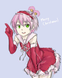 Rule 34 | 1girl, dress, elbow gloves, gloves, green eyes, grey background, highres, imageboard colors, kanonno earhart, leaning forward, merry christmas, pas (paxiti), pink hair, pointing, pointing up, short hair, simple background, solo, tales of (series), tales of the world radiant mythology 2