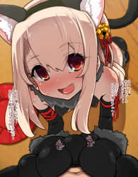 Rule 34 | 1boy, 1girl, animal ear fluff, animal ears, animal hands, bare shoulders, bell, black gloves, blush, breasts, cat ears, cat tail, covered erect nipples, elbow gloves, fake animal ears, fate/kaleid liner prisma illya, fate (series), fur collar, gloves, hair between eyes, hair ribbon, highres, illyasviel von einzbern, illyasviel von einzbern (beast style), jingle bell, kneeling, long hair, looking at viewer, official alternate costume, open mouth, paw gloves, paw shoes, red eyes, ribbon, rougetsu (eclipse), sidelocks, small breasts, smile, sweat, tail, translation request, white hair