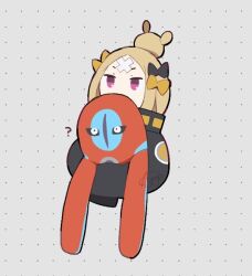 Rule 34 | 1girl, ?, abigail williams (fate), abigail williams (traveling outfit) (fate), bandaid, bandaid on face, bandaid on forehead, black bow, black jacket, blonde hair, bow, creatures (company), cropped torso, crossed bandaids, crossover, deoxys, deoxys (normal), dotted background, fate/grand order, fate (series), game freak, gen 3 pokemon, hair bow, hair bun, holding, holding pokemon, jacket, kyojo128, multiple hair bows, mythical pokemon, nintendo, orange bow, pokemon, pokemon (creature), purple eyes, single hair bun, sleeves past fingers, sleeves past wrists