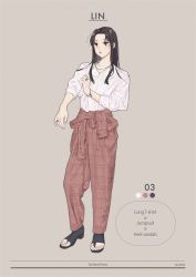 Rule 34 | 1girl, absurdres, adapted costume, alternate costume, black hair, bracelet, casual, character name, color guide, contemporary, highres, jewelry, long hair, looking afar, pants, parted bangs, pink background, plaid, plaid pants, lin (sen to chihiro no kamikakushi), ring, sandals, sen to chihiro no kamikakushi, shirt, shirt tucked in, simple background, solo, toeless footwear, un (un0044), white shirt