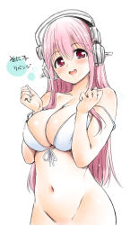 Rule 34 | 1girl, :d, bare arms, bikini, bikini top only, blush, bottomless, breasts, character name, cleavage, collarbone, front-tie bikini top, front-tie top, groin, hair between eyes, hamao, headphones, large breasts, long hair, navel, nitroplus, open mouth, pink hair, red eyes, ribbon, sketch, smile, solo, standing, straight hair, strap slip, super sonico, swimsuit, very long hair, white background, white bikini, white ribbon