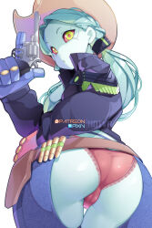 Rule 34 | 1girl, alternate costume, alternate hairstyle, aqua hair, aqua skin, ass, ass cutout, black jacket, brown hat, chaps, clothing cutout, colored sclera, colored skin, commentary, cowboy hat, cyberpunk (series), cyberpunk edgerunners, english commentary, from behind, gun, handgun, hat, highres, holding, holding gun, holding weapon, hot vr, jacket, long hair, long sleeves, looking at viewer, low twintails, panties, rebecca (cyberpunk), red panties, red sclera, revealing clothes, revolver, simple background, solo, twintails, underwear, weapon, white background, yellow eyes