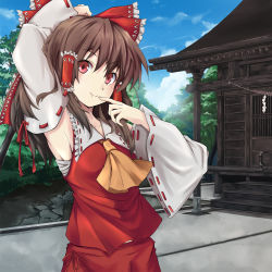 Rule 34 | 1girl, arm behind head, arm up, armpits, bow, breasts, brown hair, detached sleeves, female focus, hakurei reimu, hangetsuakibarika, japanese clothes, md5 mismatch, miko, red eyes, resolution mismatch, sarashi, short hair, shrine, small breasts, smile, solo, touhou