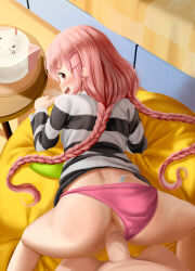 Rule 34 | 1boy, 1girl, anus, ass, back, blush, braid, censored, clothing aside, comic girls, commission, dkoro, doggystyle, fang, feet out of frame, hair ornament, hairclip, hetero, highres, long hair, long sleeves, looking at viewer, looking back, lying, moeta kaoruko, mosaic censoring, on stomach, open mouth, panties, panties aside, penis, pink hair, pink panties, pov, pov crotch, pussy, red eyes, sex, sex from behind, shirt, sidelocks, solo focus, spread legs, striped clothes, striped shirt, table, thighs, twin braids, underwear