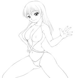 Rule 34 | 1girl, bikini, breasts, cameltoe, cleavage, covered erect nipples, greyscale, large breasts, lineart, long hair, looking at viewer, mashue, monochrome, outline, simple background, smile, solo, swimsuit, white background