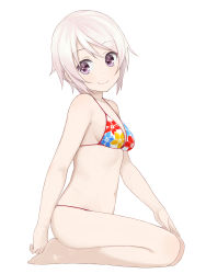Rule 34 | 1girl, bad id, bad pixiv id, barefoot, bikini, blush, breasts, cleavage, from side, highres, kneeling, looking at viewer, navel, nnyu, original, purple eyes, seiza, short hair, silver hair, sitting, smile, solo, swimsuit, white background