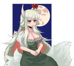 Rule 34 | 2girls, animal ear fluff, animal ears, breasts, cleavage, collared dress, dress, ex-keine, full moon, green dress, green hair, highres, horn ornament, horn ribbon, horns, kamishirasawa keine, long hair, moon, moonii desu, multicolored hair, multiple girls, puffy short sleeves, puffy sleeves, red eyes, red hair, ribbon, short sleeves, sidelocks, silver hair, tail, touhou, two-tone hair