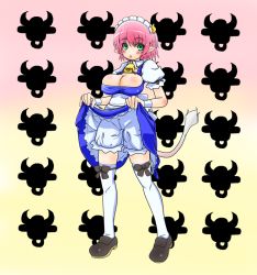 Rule 34 | artist request, bell, bloomers, blush, bow, breasts, cleavage, clothes lift, cow, cowbell, elfleda mirjasdottir, green eyes, horns, large breasts, lotte no omocha!, maid, pink hair, pointy ears, short hair, skirt, skirt lift, tail, thighhighs, underwear