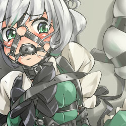 Rule 34 | 1girl, armbinder, arms behind back, ball gag, bdsm, blush, body harness, bondage, bound, breasts, collar, drooling, fumi11gou, gag, gagged, green eyes, harness, harness gag, head harness, konpaku youmu, konpaku youmu (ghost), looking at viewer, short hair, silver hair, solo, touhou, wiffle gag