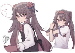 Rule 34 | 1girl, apron, black apron, blush, bow, bowtie, bracelet, brown hair, closed mouth, commentary, duplicate, flower, frown, genshin impact, ghost, gym uniform, hair flaps, hair flower, hair ornament, headband, highres, hu tao (genshin impact), jewelry, long hair, long sleeves, looking to the side, multiple views, oven mitts, red bow, red bowtie, red flower, red headband, roku 6, shirt, sidelocks, smile, smoke, stretching, t-shirt, tray, twintails, upper body, very long hair, white shirt