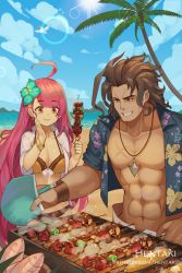Rule 34 | 1boy, 1girl, :t, abs, ahoge, animal, artist name, beach, bikini, bikini under clothes, bird, blue shirt, blue sky, brown bikini, brown eyes, brown hair, closed mouth, cloud, commentary, cooking, dark-skinned male, dark skin, day, dragalia lost, english commentary, fish, floral print, flower, flying, food, green flower, grill, grilling, grin, hair flower, hair ornament, hand on own cheek, hand on own face, hawaiian shirt, hentaki, highres, holding, holding food, long hair, mismatched bikini, muscular, open clothes, open shirt, orange bikini, outdoors, palm tree, pink hair, print shirt, ranzal (dragalia lost), rena (dragalia lost), sand, shirt, short sleeves, skewer, sky, smile, sun, sunlight, swimsuit, tree, very long hair, water, watermark, web address, white shirt