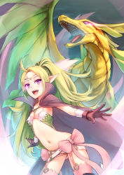 Rule 34 | 1girl, ahoge, belt, bow, breasts, cape, circlet, dragon, dual persona, fang, fire emblem, fire emblem awakening, garter straps, gloves, glowing, glowing eyes, green hair, highres, leaning forward, long hair, navel, nintendo, nowi (fire emblem), open mouth, outstretched arms, petite, pointy ears, ponytail, purple eyes, ricegnat, small breasts, solo, thighhighs