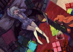 Rule 34 | 1girl, ball, bare legs, barefoot, bat wings, berabou, box, from above, gift, gift box, indoors, long sleeves, lying, naked shirt, no pants, on back, red eyes, remilia scarlet, shirt, short hair, silver hair, solo, stuffed animal, stuffed toy, teddy bear, touhou, wings