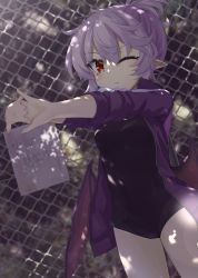Rule 34 | 1girl, ;&lt;, akisome hatsuka, alternate costume, bat wings, black one-piece swimsuit, closed mouth, cowboy shot, light purple hair, looking at viewer, one-piece swimsuit, one eye closed, outdoors, own hands together, pointy ears, red eyes, remilia scarlet, short hair, solo, standing, swimsuit, touhou, wings