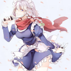 Rule 34 | 1girl, apron, blue eyes, bow, braid, dress, frilled apron, frills, hair bow, holding, izayoi sakuya, juliet sleeves, knife, long sleeves, looking at viewer, maid, maid apron, maid headdress, perfect cherry blossom, petals, puffy sleeves, red scarf, scarf, short hair, silver hair, solo, sumirou-kun, throwing knife, touhou, twin braids, weapon, wind