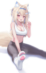 1girl absurdres animal_ear_fluff animal_ears bare_shoulders black_leggings blonde_hair blue_hair blue_hairband blush breasts cleavage collarbone commentary dog_ears dog_girl dog_tail english_commentary fang feet foot_out_of_frame fpvjoe fuwawa_abyssgard gym_uniform hair_ornament hairband hairclip hand_up highres hololive hololive_english large_breasts leggings legs long_hair looking_at_viewer multicolored_hair navel no_shoes on_ground open_mouth paw_print_soles pink_eyes shadow simple_background sitting skin_fang smell socks soles solo sports_bra steaming_body stomach streaked_hair sweatdrop tail toes virtual_youtuber white_background white_socks white_sports_bra