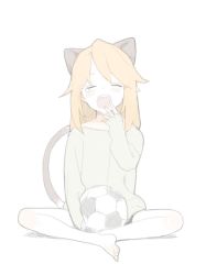 Rule 34 | 1girl, animal ears, ball, barefoot, blonde hair, blush, cat ears, cat tail, closed eyes, commentary request, doremi (doremi4704), facing viewer, grey shirt, hand up, idolmaster, idolmaster cinderella girls, indian style, korean commentary, long hair, long sleeves, shirt, simple background, sitting, sleeves past wrists, soccer ball, solo, tail, tears, white background, yawning, yuuki haru