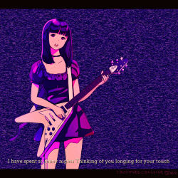 Rule 34 | 1girl, blunt bangs, breasts, choker, dress, electric guitar, english text, guitar, highres, holding, holding instrument, instrument, kokudou juunigou, limited palette, medium hair, open mouth, original, puffy short sleeves, puffy sleeves, purple dress, purple eyes, purple hair, purple theme, short dress, short sleeves, small breasts, solo, standing, static, straight hair, subtitled, teeth, upper body, upper teeth only