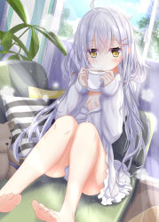 Rule 34 | 1girl, aruka (alka p1), bare legs, barefoot, blue sky, blush, breasts, closed mouth, cloud, commentary request, couch, cup, day, dress shirt, frilled shirt, frills, hair between eyes, hair ornament, hairclip, hands up, highres, holding, holding cup, indoors, long hair, long sleeves, looking at viewer, low twintails, on couch, original, pillow, shirt, silver hair, sitting, sky, sleeves past wrists, small breasts, smile, soles, solo, stuffed animal, stuffed toy, teddy bear, twintails, very long hair, white shirt, window, x hair ornament, yellow eyes