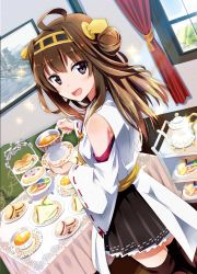 Rule 34 | 10s, 1girl, absurdres, ahoge, ayuya naka no hito, bare shoulders, brown hair, checkerboard cookie, cookie, cup, detached sleeves, double bun, dutch angle, food, gotyou, hair ornament, hairband, highres, japanese clothes, kantai collection, kongou (kancolle), long hair, macaron, miko, nontraditional miko, open mouth, pastry, personification, purple eyes, sandwich, skirt, solo, sparkle, tablecloth, teacup, teapot, thighhighs, tiered serving stand, tiered tray, window, zettai ryouiki