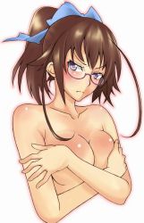 Rule 34 | 1girl, blush, breast hold, breasts, brown hair, covering privates, covering breasts, female focus, frown, glasses, kikaijima mogana, large breasts, medaka box, ponytail, purple eyes, solo, topless frame, touryou, upper body