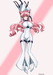 1girl alternate_costume blue_eyes blush bodysuit breasts c.c. cleavage code_geass cosplay hair_between_eyes highres huge_breasts kyomeihibiki large_breasts long_hair long_sleeves looking_at_viewer maria_cadenzavna_eve pink_hair senki_zesshou_symphogear skin_tight solo straitjacket very_long_hair white_bodysuit