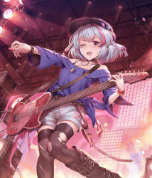 Rule 34 | 1girl, :d, absurdres, amplifier, bad id, bad pixiv id, belt, belt boots, belt collar, blue shirt, boots, bra strap, bracelet, braid, brown belt, collar, electric guitar, fang, grey shorts, grey thighhighs, guitar, hat, highres, holding, holding plectrum, instrument, jewelry, looking at viewer, multicolored hair, music, necklace, o-ring collar, one eye closed, open mouth, original, playing instrument, plectrum, red eyes, shichigatsu, shirt, short hair, shorts, side braids, smile, solo, spotlight, streaked hair, sweat, thighhighs, torn clothes, torn thighhighs, white hair, wristband