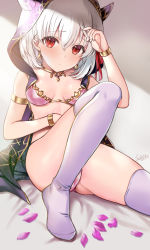 Rule 34 | 1girl, armlet, bare shoulders, bikini, blush, bracelet, breasts, chocolate heaven (fate/grand order), cloak, closed mouth, earrings, fate/grand order, fate (series), hair between eyes, hair ribbon, highres, hood, hood up, hooded cloak, horned hood, horns, jewelry, kama (chocolate heaven) (fate), kama (fate), knee up, looking at viewer, navel, necklace, no shoes, petals, pink bikini, purple thighhighs, red ribbon, ribbon, seiru (prairie), short hair, silver hair, sitting, small breasts, solo, space, star (sky), swimsuit, thighhighs