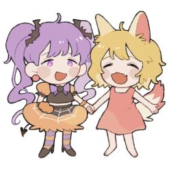 Rule 34 | 2girls, ahoge, animal ears, arm at side, barefoot, bat hair ornament, black shirt, black skirt, blonde hair, blush stickers, bow, bowtie, chibi, demon tail, dress, earrings, fang, full body, hair ornament, high heels, holding hands, jewelry, komachi (koma 106), mahou shoujo minky pinky, midriff, multiple girls, napoli no otokotachi, no sclera, open mouth, orange bracelet, orange skirt, outstretched arms, pantyhose, pele (napoli no otokotachi), pink dress, print skirt, purple bow, purple bowtie, purple eyes, purple hair, shirt, skin fang, skirt, sleeveless, sleeveless dress, smile, spider web print, spread arms, standing, striped clothes, striped pantyhose, tail, tareme, twintails, two-tone pantyhose, two-tone skirt