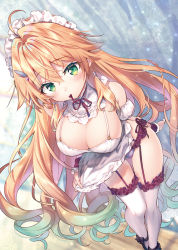 Rule 34 | 1girl, ahoge, azur lane, bare shoulders, blonde hair, blush, breasts, cleavage, commentary request, detached collar, detached sleeves, dress, drill hair, earrings, garter straps, gradient hair, green eyes, green hair, hair ornament, headdress, jewelry, large breasts, le temeraire (azur lane), leaning forward, long hair, looking at viewer, mouth hold, multicolored hair, panties, purple panties, red ribbon, ribbon, riichu, shoes, short dress, solo, standing, thighhighs, underwear, very long hair, white dress, white thighhighs