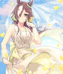 Rule 34 | 1girl, animal ears, bare shoulders, blue sky, bridal veil, bride, brown eyes, brown hair, closed mouth, cloud, cloudy sky, commentary, day, dress, gloves, hair over one eye, hand up, highres, horse ears, looking at viewer, multicolored hair, outdoors, petals, see-through, sky, sleeveless, sleeveless dress, smile, solo, symbol-only commentary, two-tone hair, umamusume, veil, vodka (heart ignition!!) (umamusume), vodka (umamusume), wedding dress, white dress, white gloves, white hair, yonaga (47ga yng)
