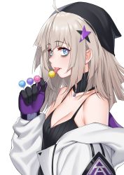 Rule 34 | 1girl, aa-12 (girls&#039; frontline), absurdres, ahoge, bare shoulders, between fingers, black gloves, black headwear, blue eyes, breasts, bright pupils, candy, chinese commentary, cleavage, coat, commentary request, detached collar, food, from side, girls&#039; frontline, gloves, grey coat, hair ornament, highres, holding, holding food, licking, lollipop, long sleeves, looking at viewer, looking to the side, makeup, mascara, medium breasts, medium hair, off shoulder, open clothes, open coat, simple background, solo, star (symbol), star hair ornament, tank top, tongue, tongue out, transparent background, upper body, white background, zipper pull tab, zui ai shuang mawei