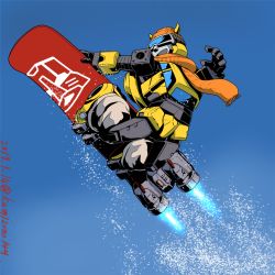 Rule 34 | 1980s (style), 1boy, 2017, artist name, autobot, blue sky, bumblebee, dated, day, flying, full body, glowing, goggles, ice, insignia, jet engine, kamizono (spookyhouse), machine, machinery, male focus, mecha, no humans, retro artstyle, open mouth, outdoors, retro artstyle, robot, scarf, sky, smile, snow, snowboard, snowflakes, solo, transformers, twitter username