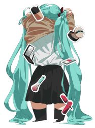 Rule 34 | 1girl, 999ool, absurdres, arms up, blue hair, container, cosmetics, cropped legs, from behind, hair ribbon, hatsune miku, highres, long hair, makeup, makeup brush, mascara, mirror, pleated skirt, powder puff, removing jacket, ribbon, school uniform, shirt tucked in, skirt, solo, thighhighs, twintails, very long hair, vocaloid